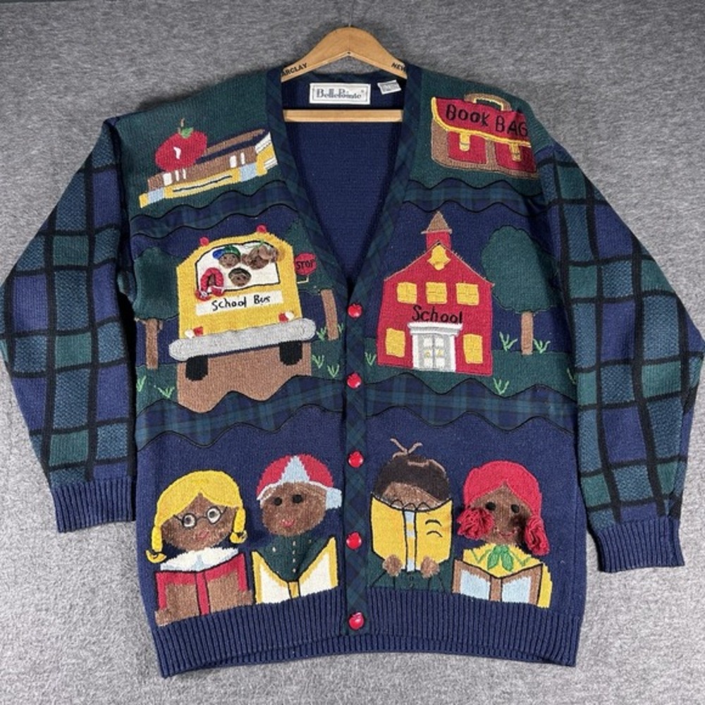 Vintage Belle Pointe School Novelty Cardigan Embroidered Academia Size L Teacher